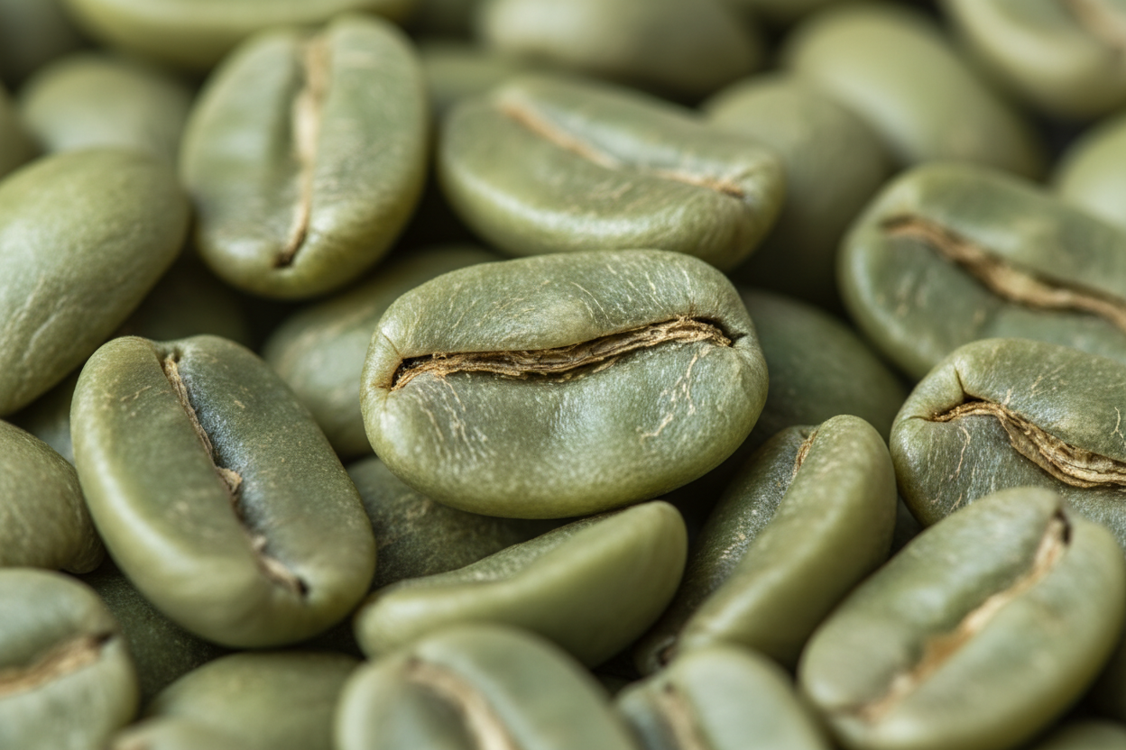 A macro, high-resolution shot of green coffee beans from your farm, showing their unique color and texture.