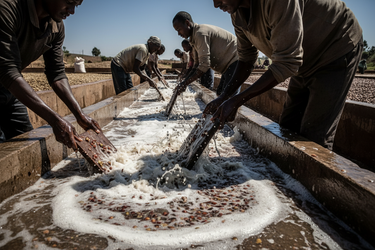 A shot of workers using fresh water to vigorously wash the fermented beans in a long, concrete channel. The water should look clean, and you should see the foam and mucilage being washed away.