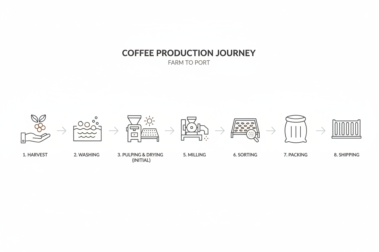 Create a horizontal coffee production timeline infographic with 8 minimalist icons: 1) Hand picking cherry, 2) Cherries in water tank, 3) Pulping machine AND sun/drying bed, 4) Beans on raised bed, 5) Milling machine, 6) Electronic scanner, 7) Jute bag with liner, 8) Shipping container. Clean, professional style with connecting arrows.